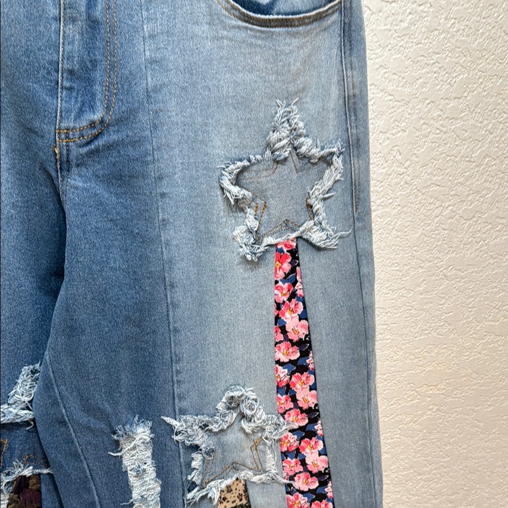 Light Wash Blue Wide Leg Jeans with Floral Patch Panels - Picture 5 of 14